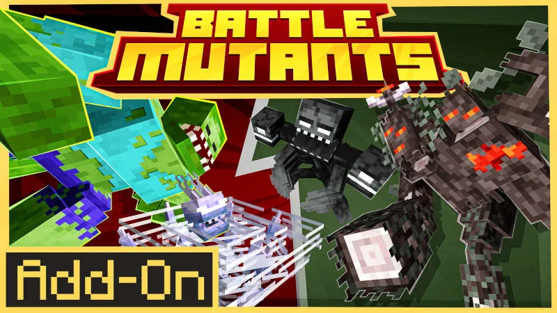 Battle Mutants logo with mutant zombie, three-headed wither skeleton, stone golem, and caged creature on arena floor