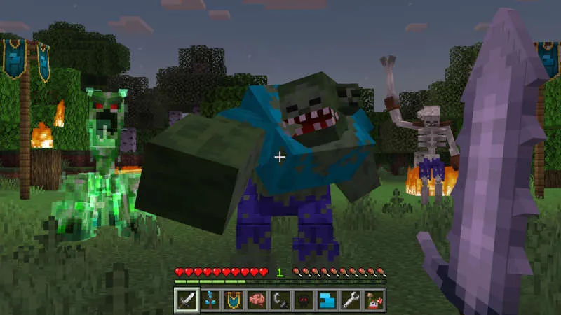 First-person view holding a broadsword facing a mutant zombie, crystalline mutant creeper, and mutant skeleton at dusk
