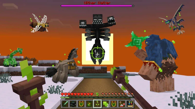 Boss battle against a hovering three-headed Wither Walker with purple boss bar, mutant bee, and allies on snow