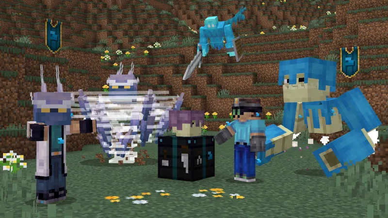 Two players standing beside a faction crafting block and mutant head, flanked by blue faction allies and a mutant breeze