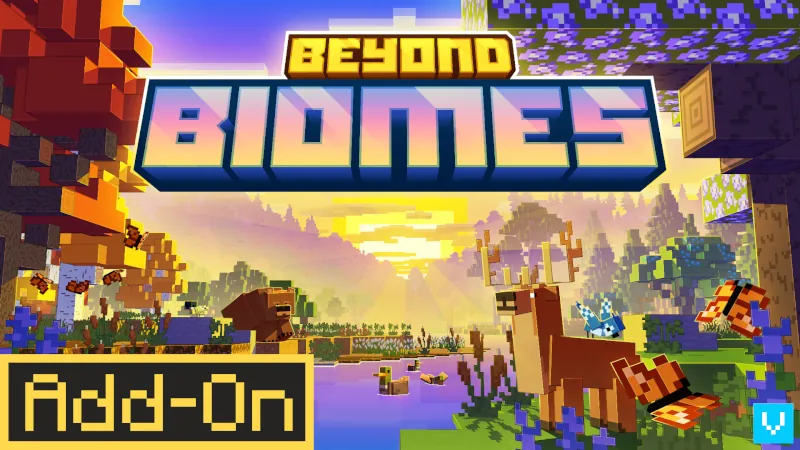 A horned deer standing in a sunlit autumnal meadow beside a river with swimming ducks, a brown bear, fluttering butterflies, and title text Beyond Biomes Add-On