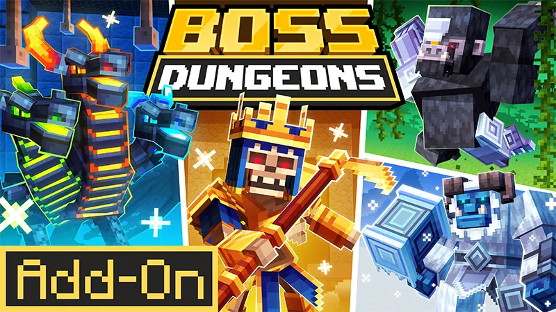 Boss Dungeons title art featuring four boss creatures: a crowned skeletal king with a golden scythe, a multi-headed dark serpent dragon, an armored ice warrior with a frost hammer, and a red-eyed cybernetic gorilla beast.